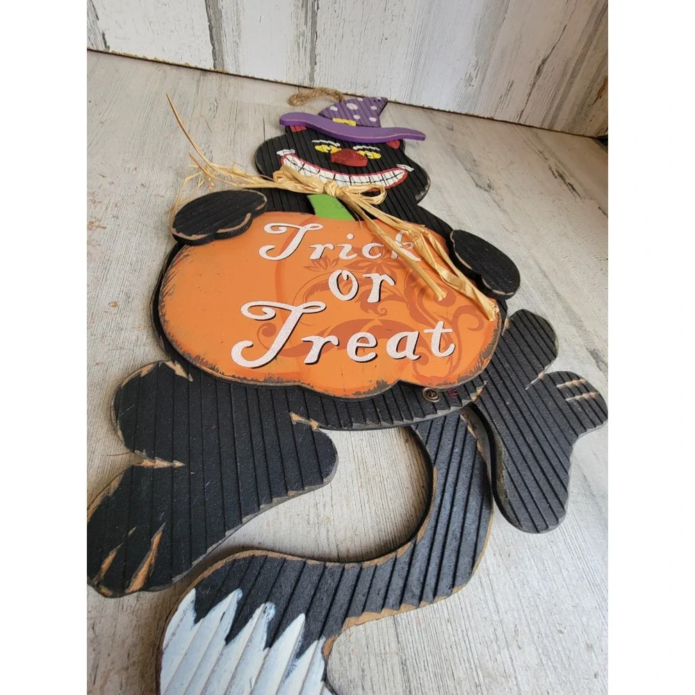 Halloween black cat trick or treat hanging sign pumpkin witch hat home